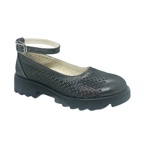 Туфли школьные для девочки, цвет темно-серый, ремешок на застежке - фото 10902