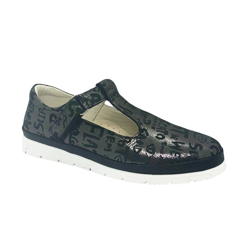 Туфли для девочки, цвет темно-серый (принт с буквами), ремешок на липучке - фото 10912