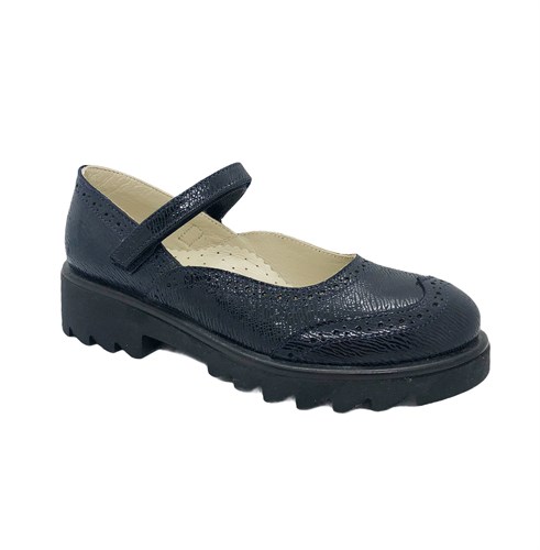 Туфли школьные для девочки, цвет темно-синий (декоративная строчка), ремешок на липучке - фото 10936