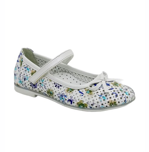 Туфли для девочки, цвет белый (цветочный принт), ремешок на липучке, перфорация - фото 9455