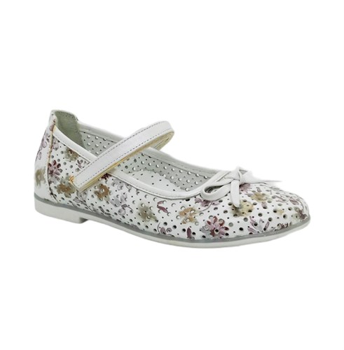 Туфли для девочки, цвет белый (цветочный узор), ремешок на липучке, перфорация - фото 9465