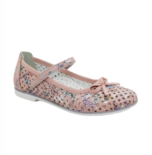 Туфли для девочки, цвет розовый (цветочный принт), ремешок на липучк, перфорация - фото 9484