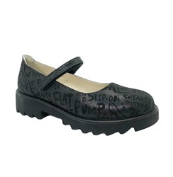 Туфли школьные для девочки, цвет черный (принт с буквами), ремешок на липучке