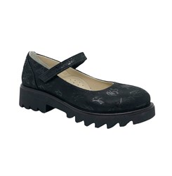 Туфли для девочки, цвет черный (принт с буквами),ремешок на липучке