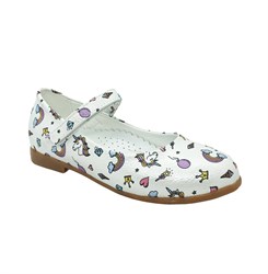 Туфли для девочки, цвет белый (цветочный принт), ремешок на липучке, небольшой каблук