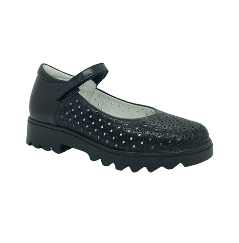 Туфли для девочки, цвет черный, ремешок на липучке, перфорация - фото 14268
