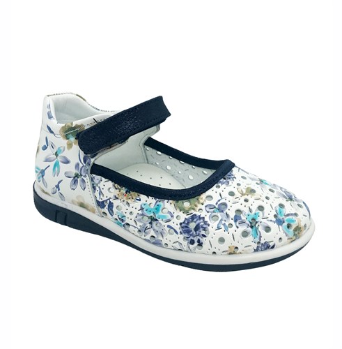 Туфли для девочки, цвет белый (цветочный принт), ремешок на липучке, перфорация - фото 9399