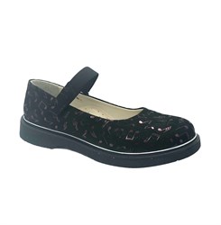 Туфли школьные для девочки, цвет черный (узор), ремешок на липучке