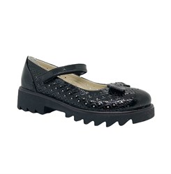 Туфли школьные для девочки, цвет черный (наплак), бантик, перфорация