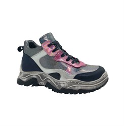Ботинки кроссовочного типа  для девочки, цвет серебристый/синий/малиновый, шнурки/молния