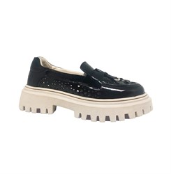 Туфли для девочки, цвет черный/бежевый (наплак), декор