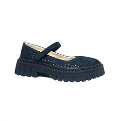 Туфли для девочки, цвет темно-синий (нубук), перфорация, ремешок на липучке