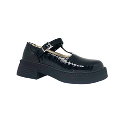 Туфли для девочки, цвет черный/темно-серый (наплак), ремешок на липучке