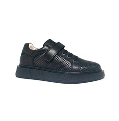 Школьные туфли для подростка, цвет: черный (натуральная кожа), перфорация, липучка/шнурки